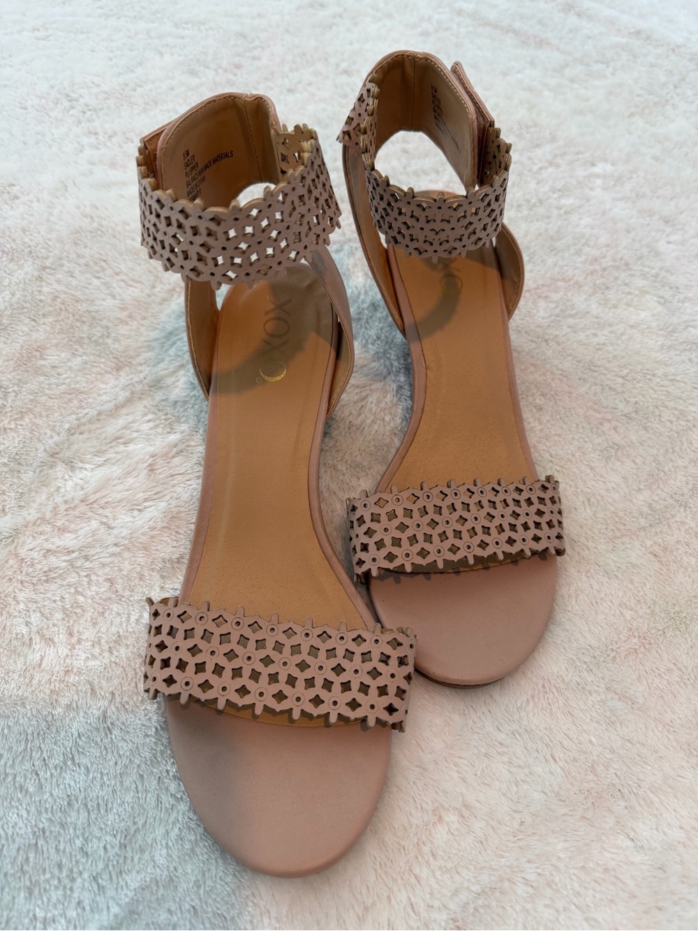XOXO Women's Laser-Cut Ankle-Strap Sandals in Taupe